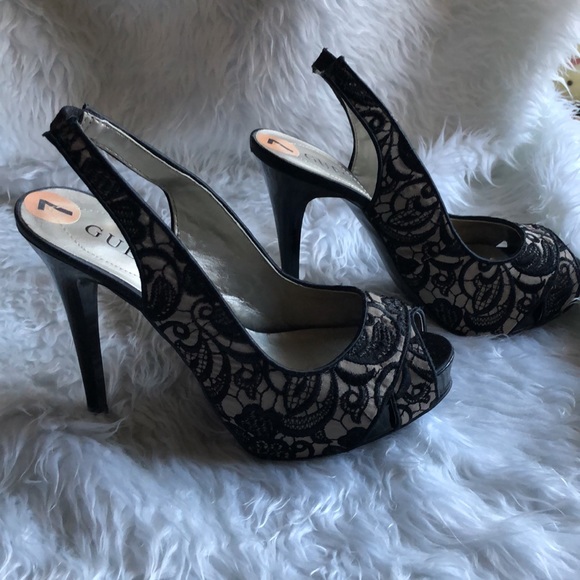 GUESS OPEN TOE FABRIC HEELS - Picture 4 of 6
